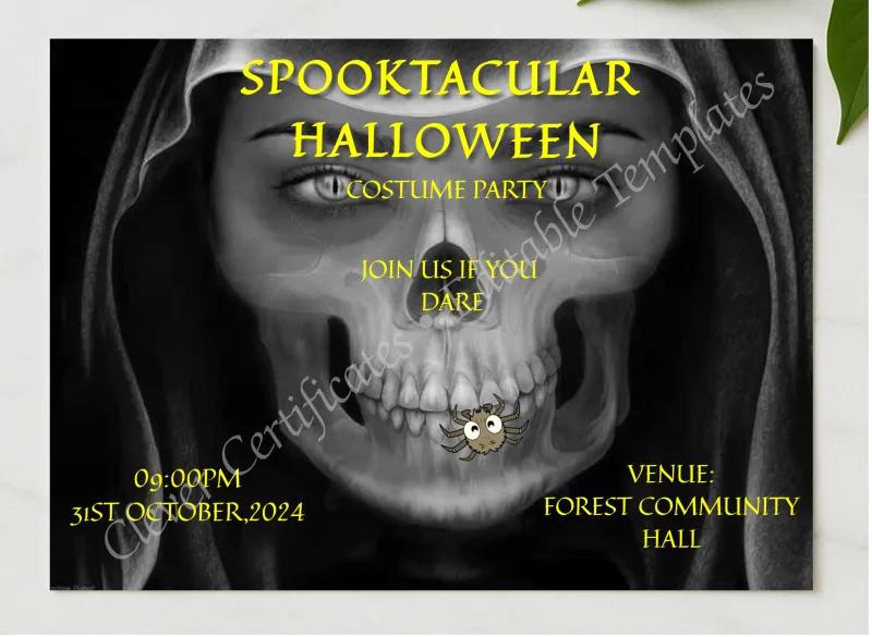 Spooktacular Halloween Costume Party presented in a sleek wooden frame, elegantly arranged on a stylish table.