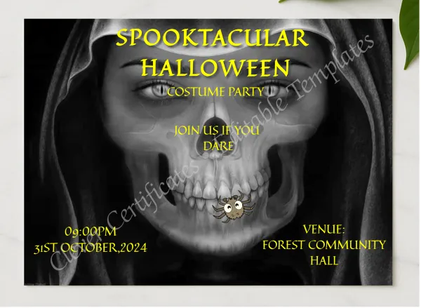 Spooktacular Halloween Costume Party presented in a sleek wooden frame, elegantly arranged on a stylish table.