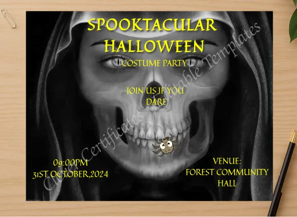Professional preview of Spooktacular Halloween Costume Party certificate on high-quality stationery paper, ideal for showcasing the final look.