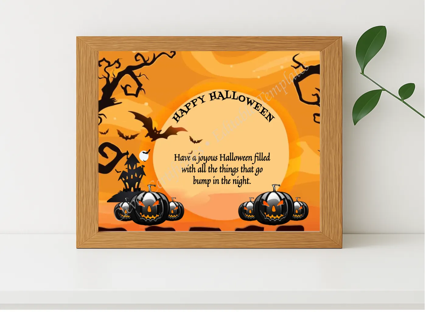 Realistic mockup featuring Happy Halloween displayed within a modern frame, set against a minimalistic background.