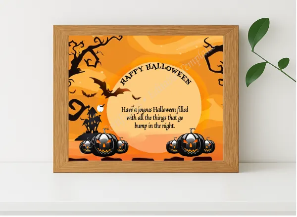 Realistic mockup featuring Happy Halloween displayed within a modern frame, set against a minimalistic background.