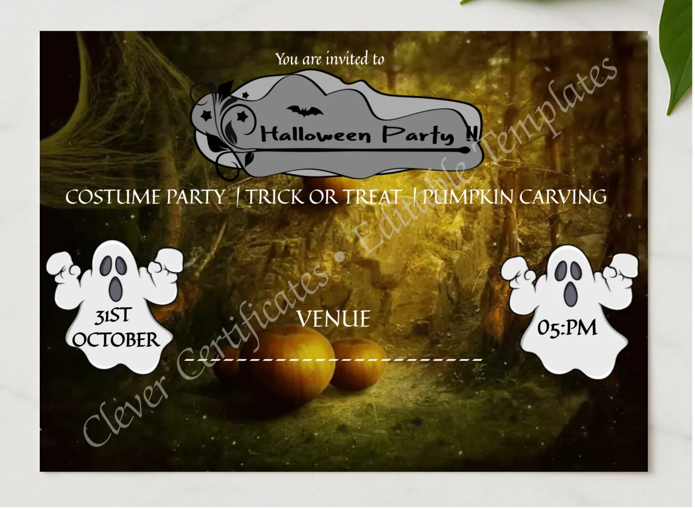 Halloween Party Blast presented in a sleek wooden frame, elegantly arranged on a stylish table.