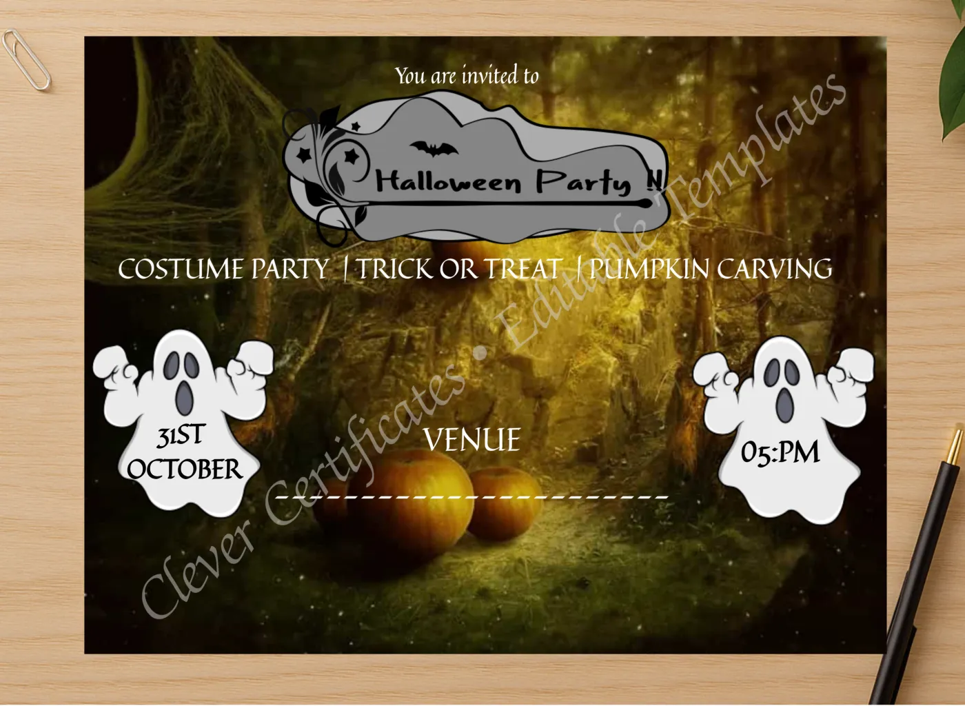 Professional preview of Halloween Party Blast certificate on high-quality stationery paper, ideal for showcasing the final look.