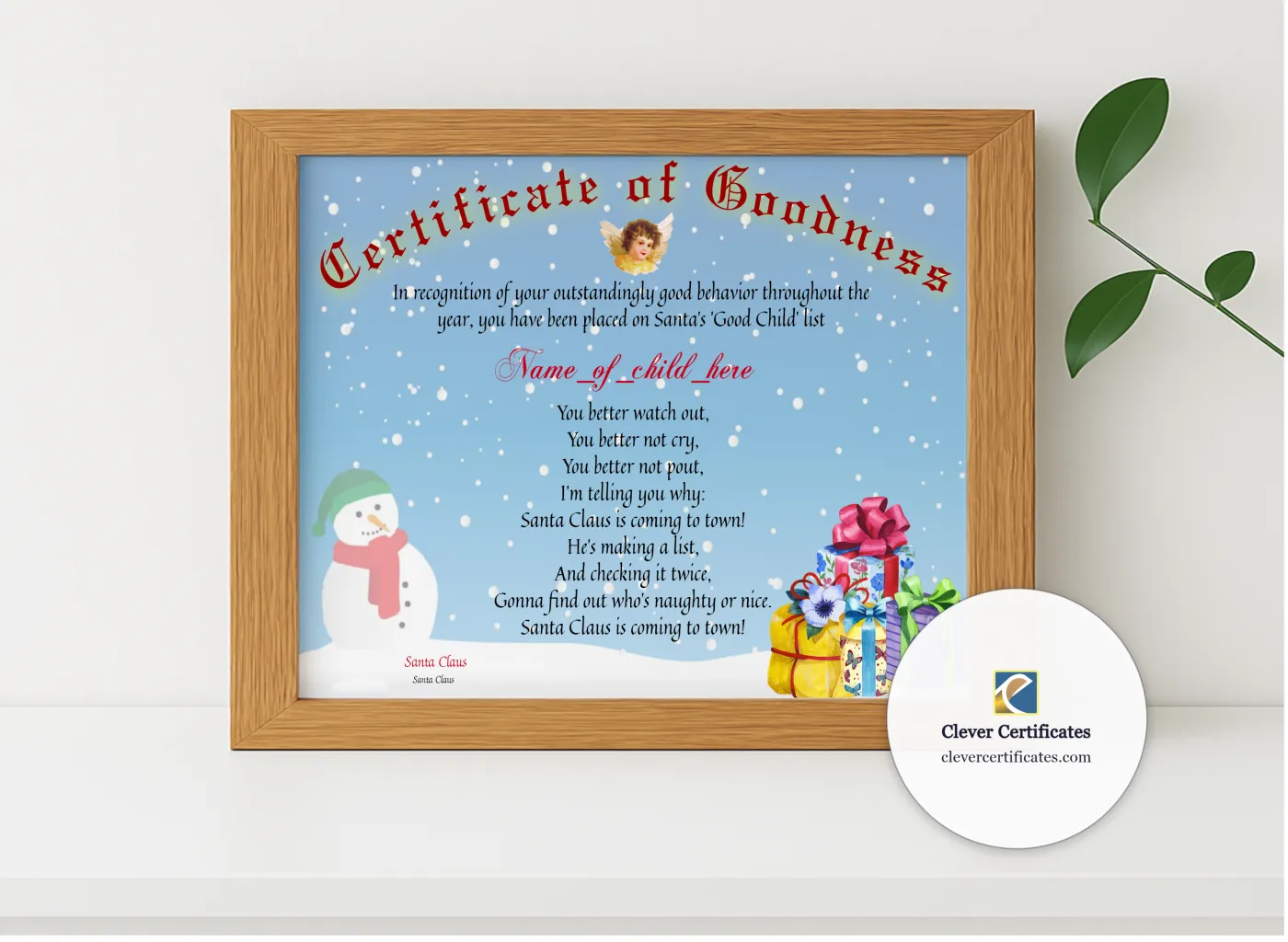 Realistic mockup featuring Certificate Of Goodness displayed within a modern frame, set against a minimalistic background.