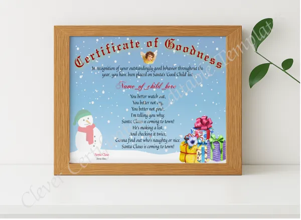 Realistic mockup featuring Certificate Of Goodness displayed within a modern frame, set against a minimalistic background.