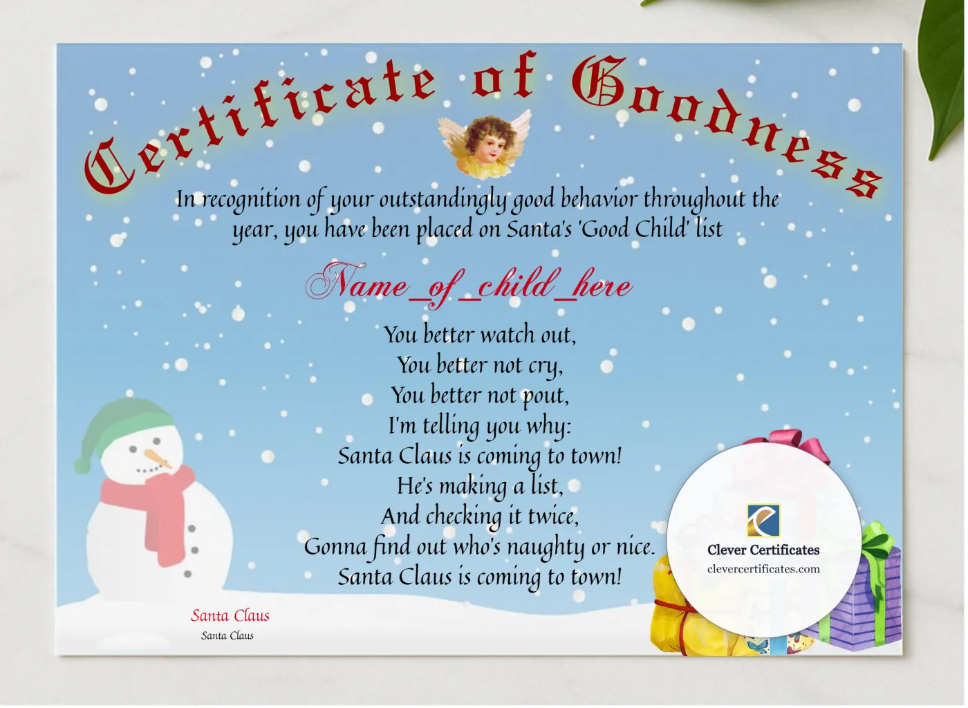 Certificate Of Goodness presented in a sleek wooden frame, elegantly arranged on a stylish table.