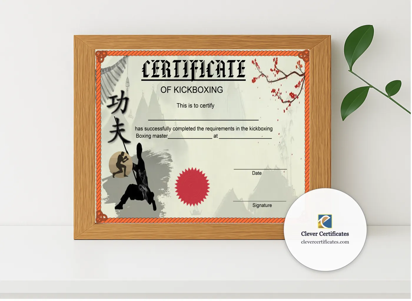 Realistic mockup featuring Kickboxing Certificate displayed within a modern frame, set against a minimalistic background.