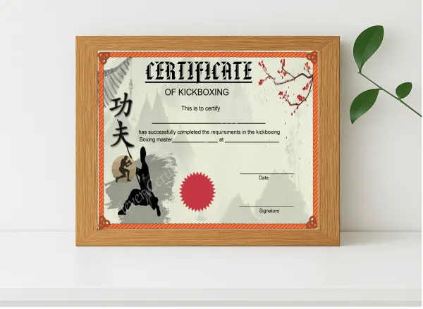 Realistic mockup featuring Kickboxing Certificate displayed within a modern frame, set against a minimalistic background.