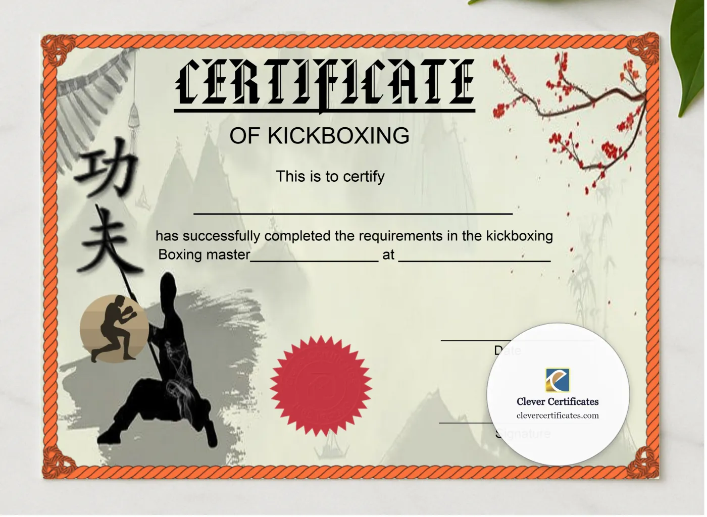 Kickboxing Certificate presented in a sleek wooden frame, elegantly arranged on a stylish table.