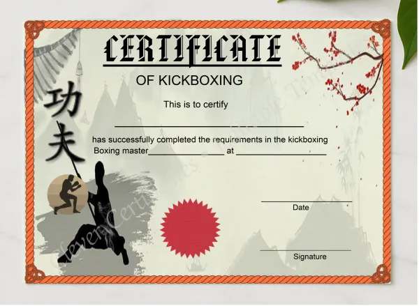 Kickboxing Certificate presented in a sleek wooden frame, elegantly arranged on a stylish table.