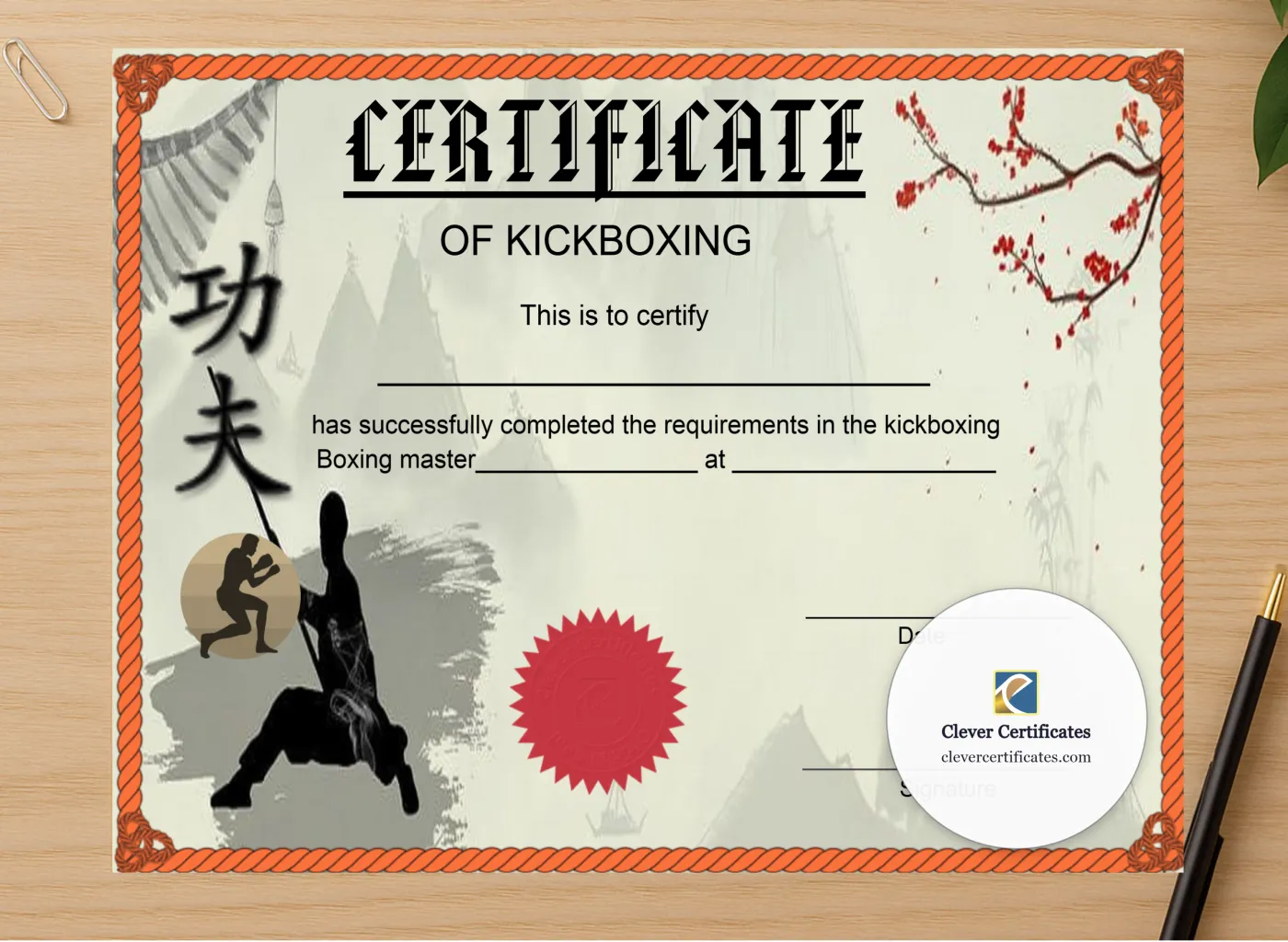 Professional preview of Kickboxing Certificate certificate on high-quality stationery paper, ideal for showcasing the final look.