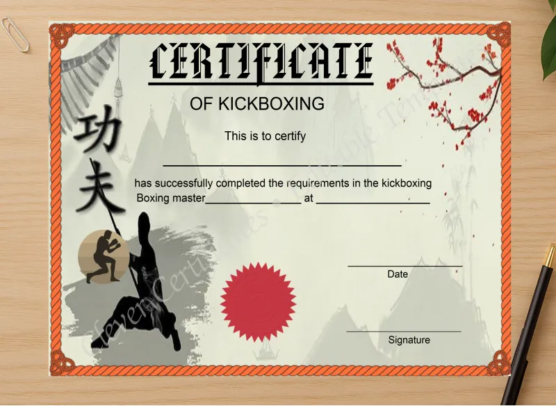 Professional preview of Kickboxing Certificate certificate on high-quality stationery paper, ideal for showcasing the final look.