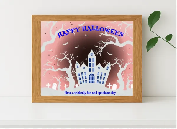 Realistic mockup featuring Happy Halloween Card displayed within a modern frame, set against a minimalistic background.
