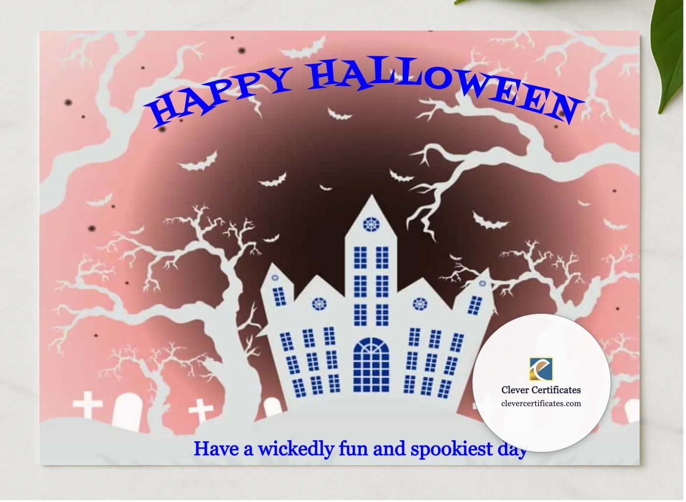 Happy Halloween Card presented in a sleek wooden frame, elegantly arranged on a stylish table.