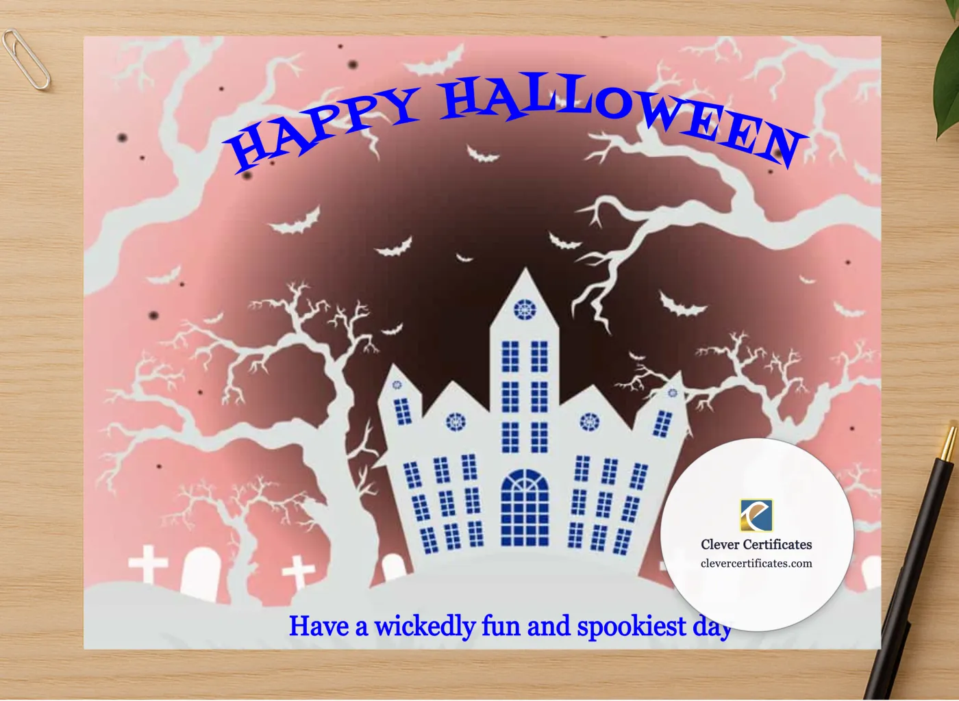 Professional preview of Happy Halloween Card certificate on high-quality stationery paper, ideal for showcasing the final look.