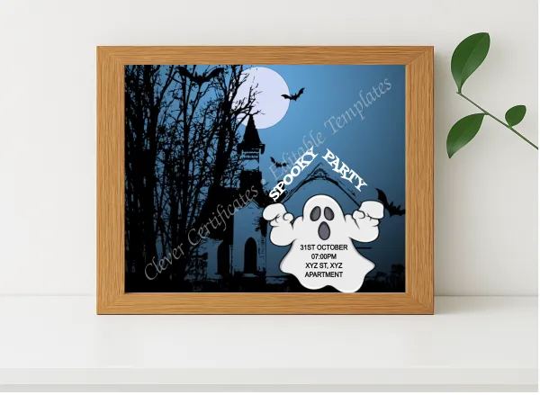 Realistic mockup featuring Spooky Party displayed within a modern frame, set against a minimalistic background.