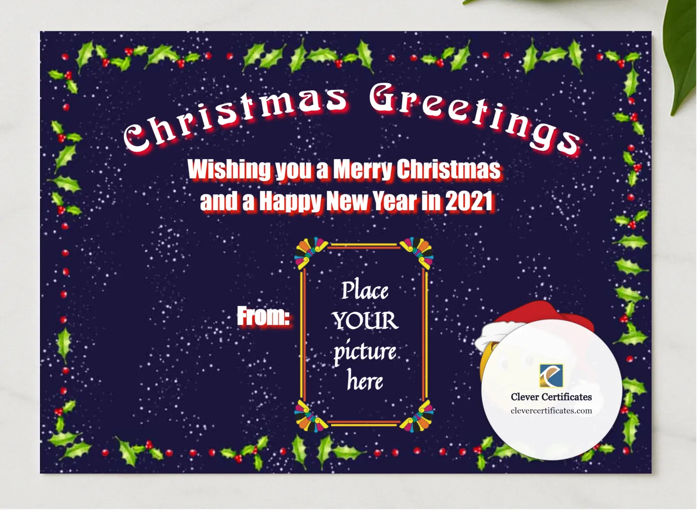 Christmas Greetings 1 presented in a sleek wooden frame, elegantly arranged on a stylish table.