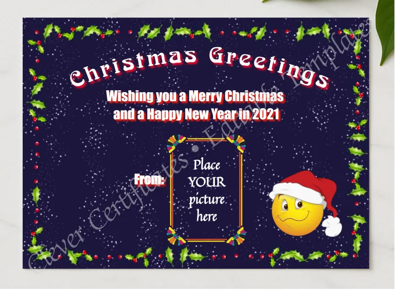 Christmas Greetings 1 presented in a sleek wooden frame, elegantly arranged on a stylish table.