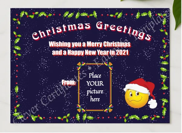 Christmas Greetings 1 presented in a sleek wooden frame, elegantly arranged on a stylish table.