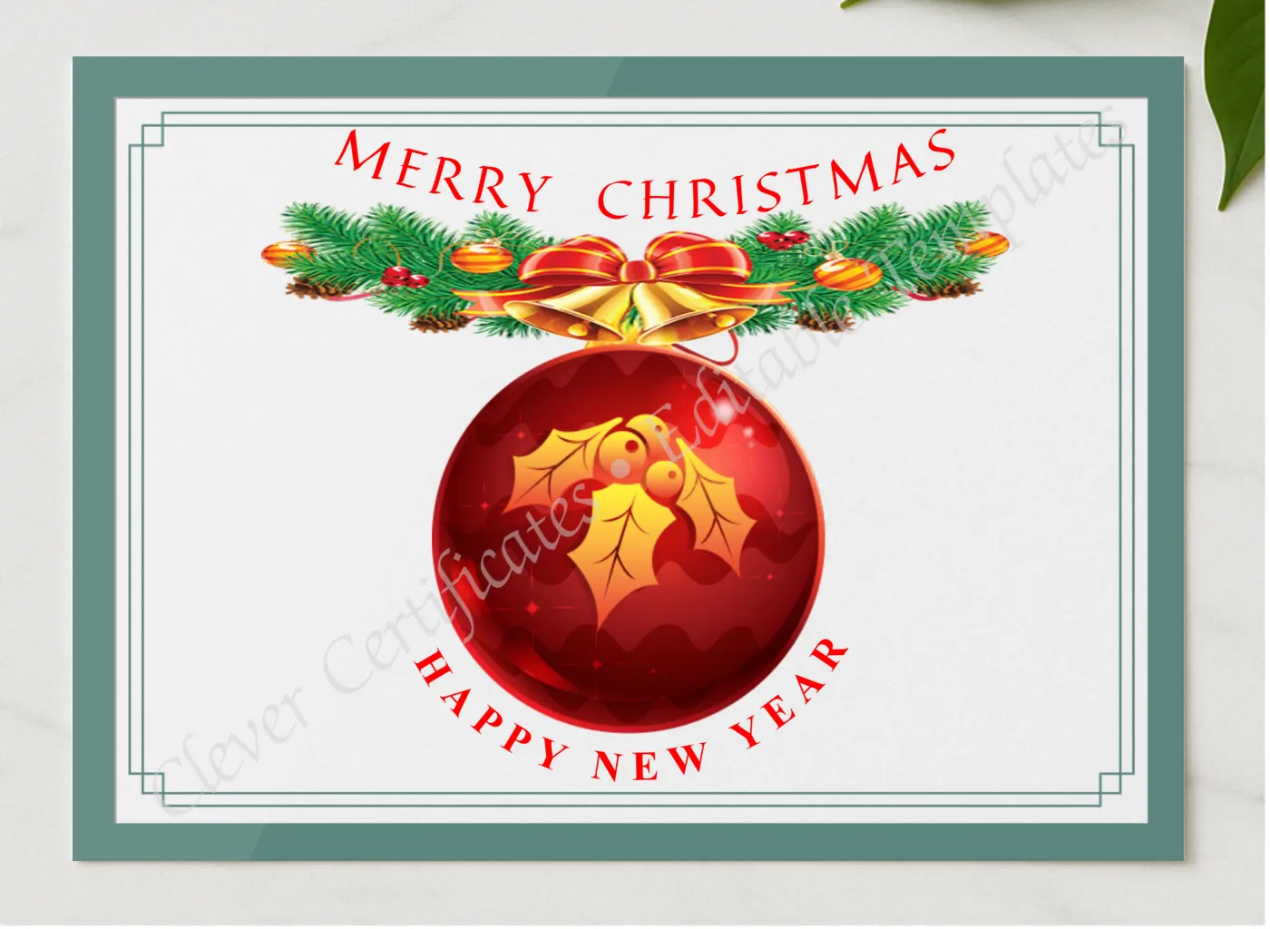 Merry Christmas And New Year presented in a sleek wooden frame, elegantly arranged on a stylish table.