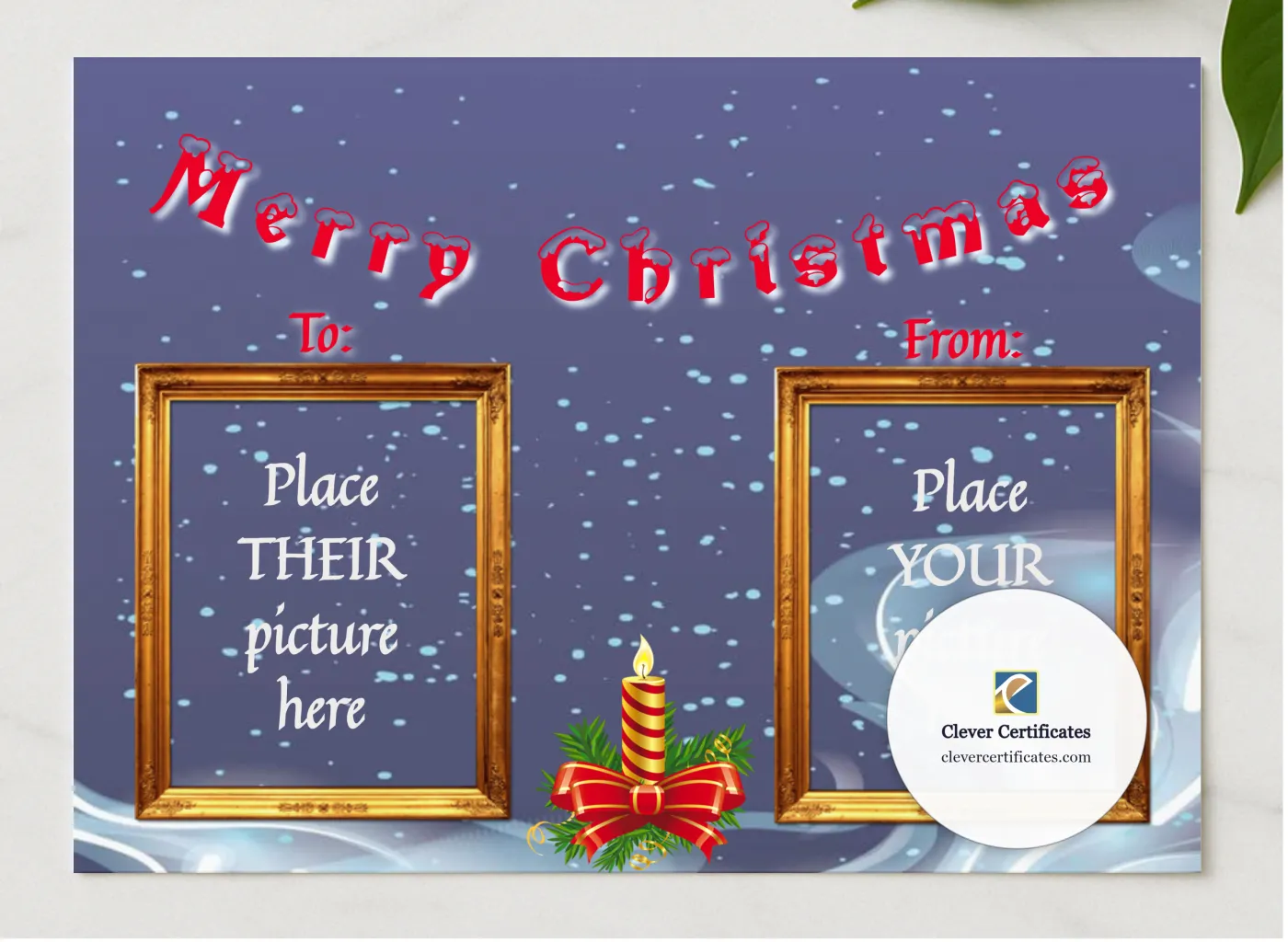 Christmas Greetings 2 presented in a sleek wooden frame, elegantly arranged on a stylish table.