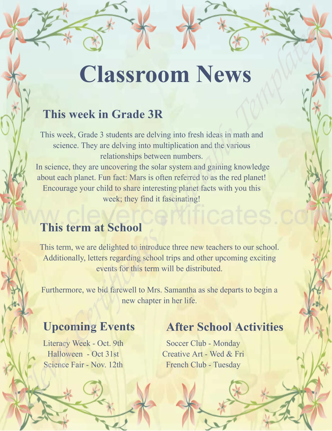 Customizable Classroom Newsletter — Certificate Template Preview