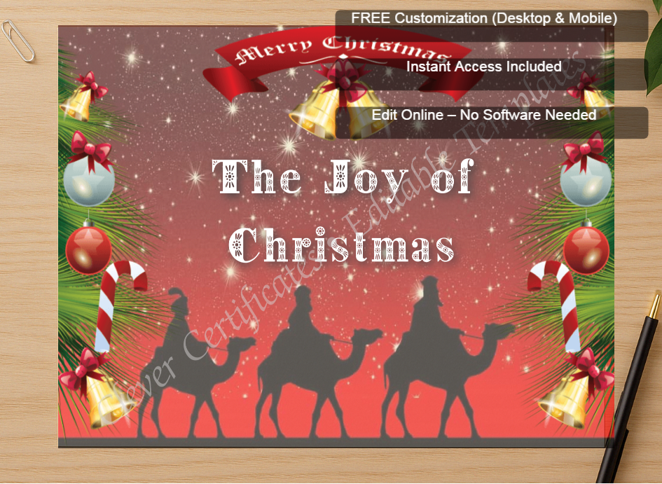 Zoomed preview with Free Editor badge stack for Christmas Joy Certificate