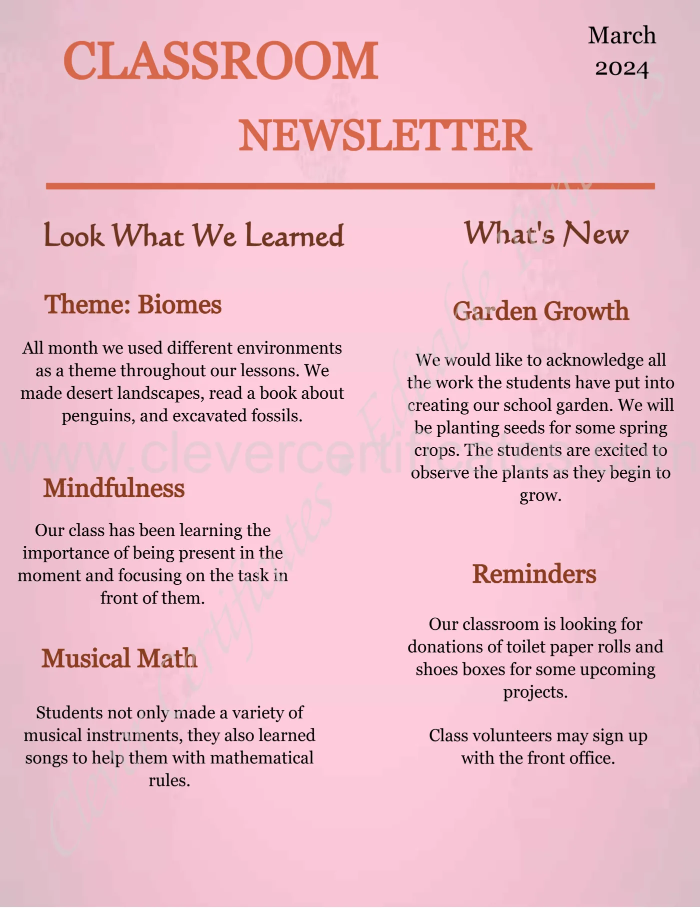 Grade 1 Educational Newsletter — Certificate Template Preview