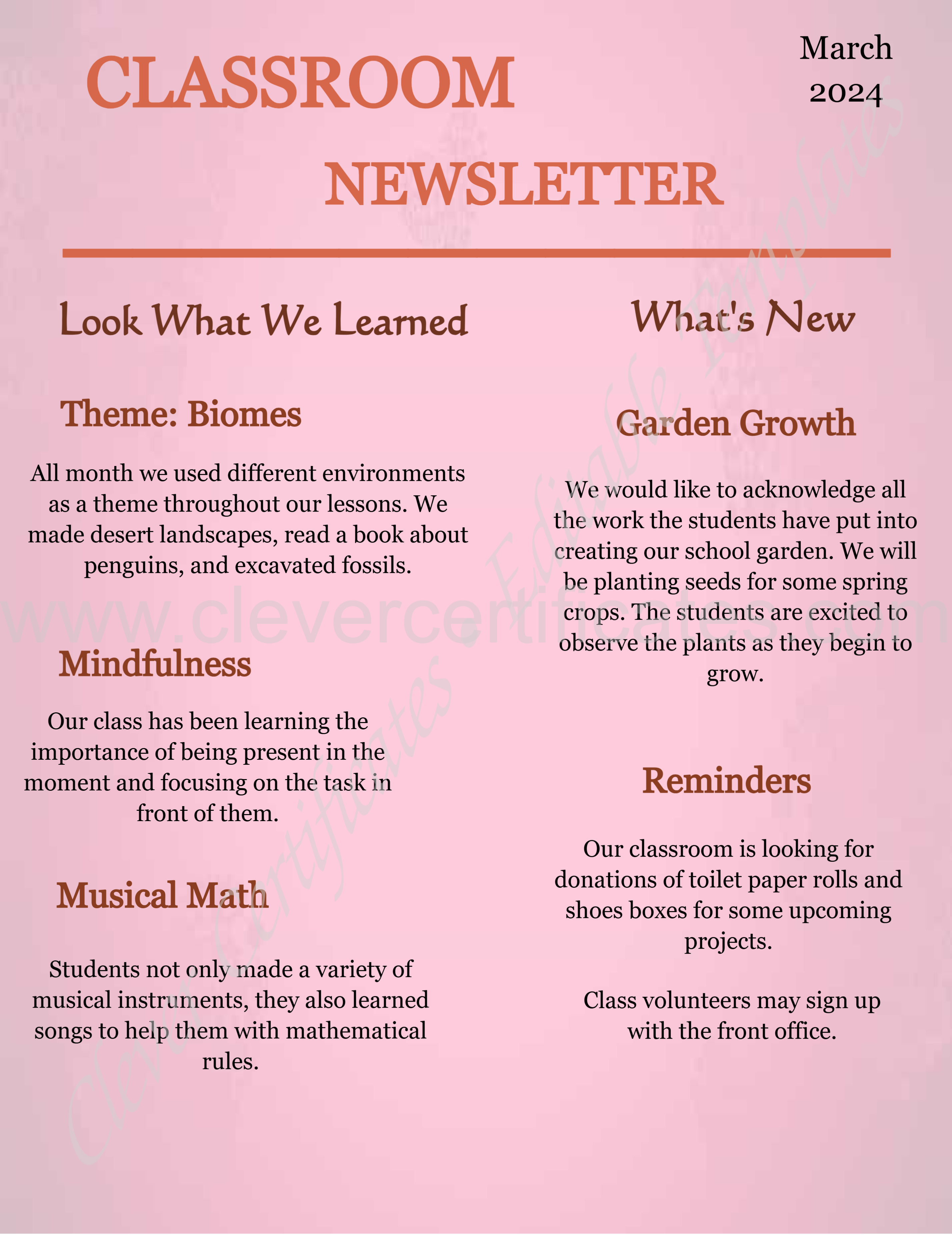 Grade 1 Educational Newsletter — Certificate Template Preview