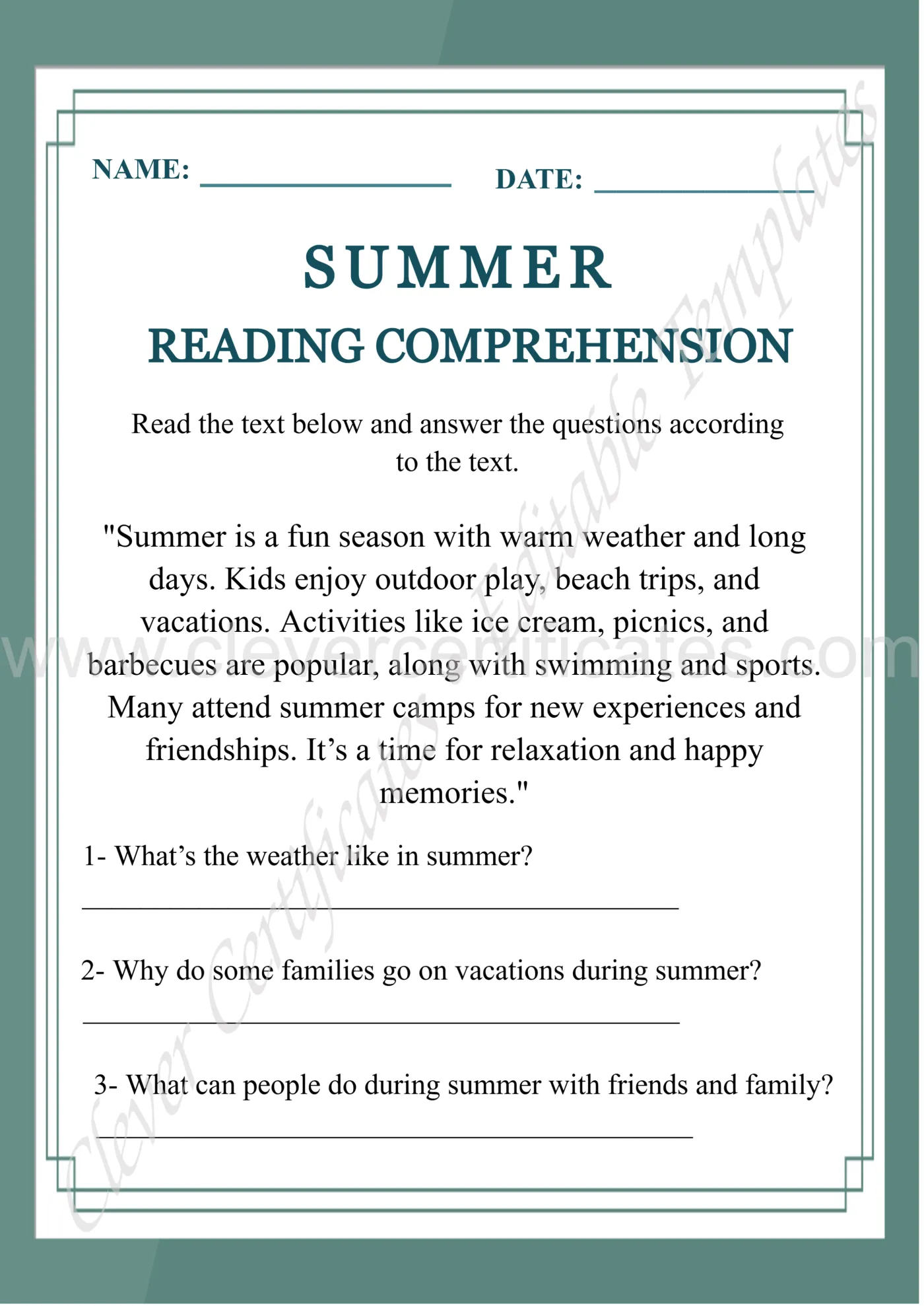Grade 3 Summer Reading Comprehension Worksheet — Certificate Template Preview