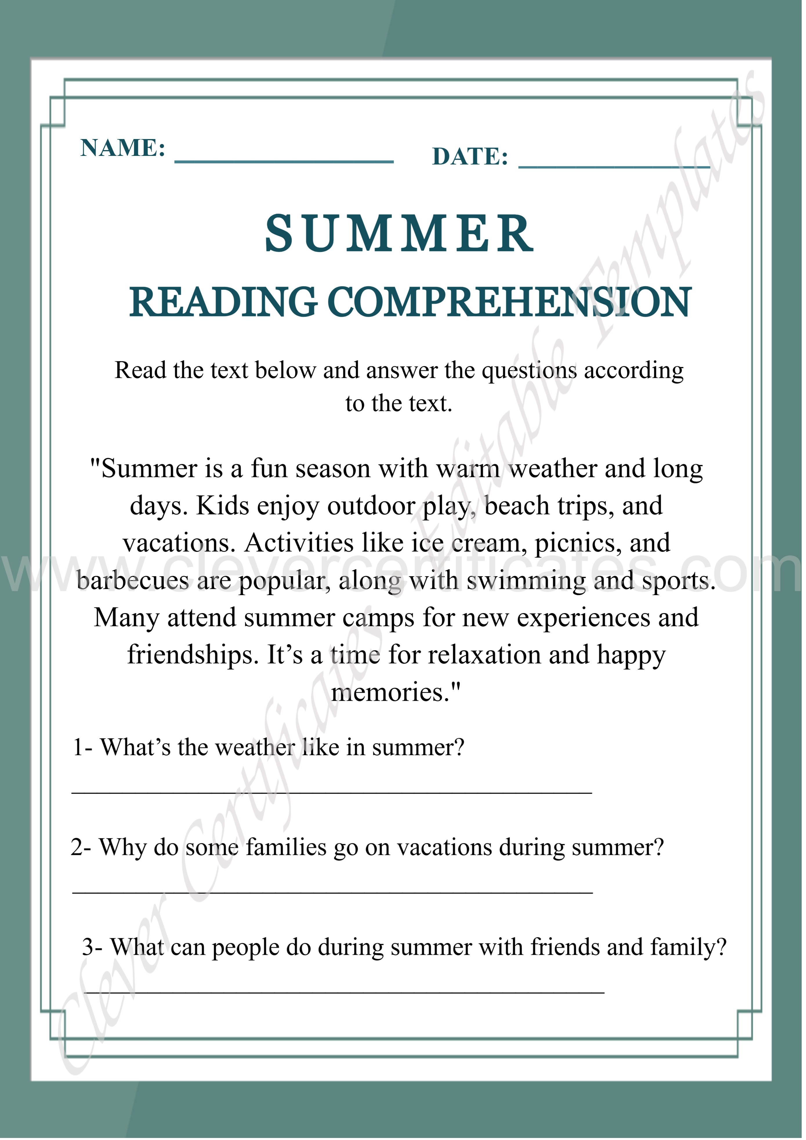 Grade 3 Summer Reading Comprehension Worksheet — Certificate Template Preview