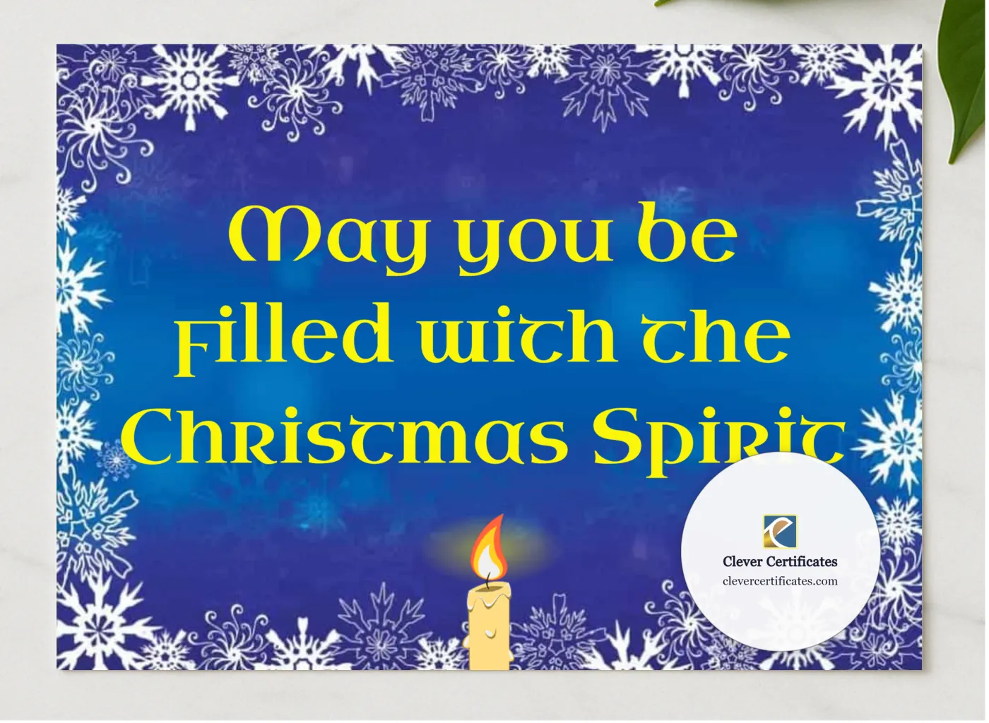 Christmas Spirit Certificate presented in a sleek wooden frame, elegantly arranged on a stylish table.