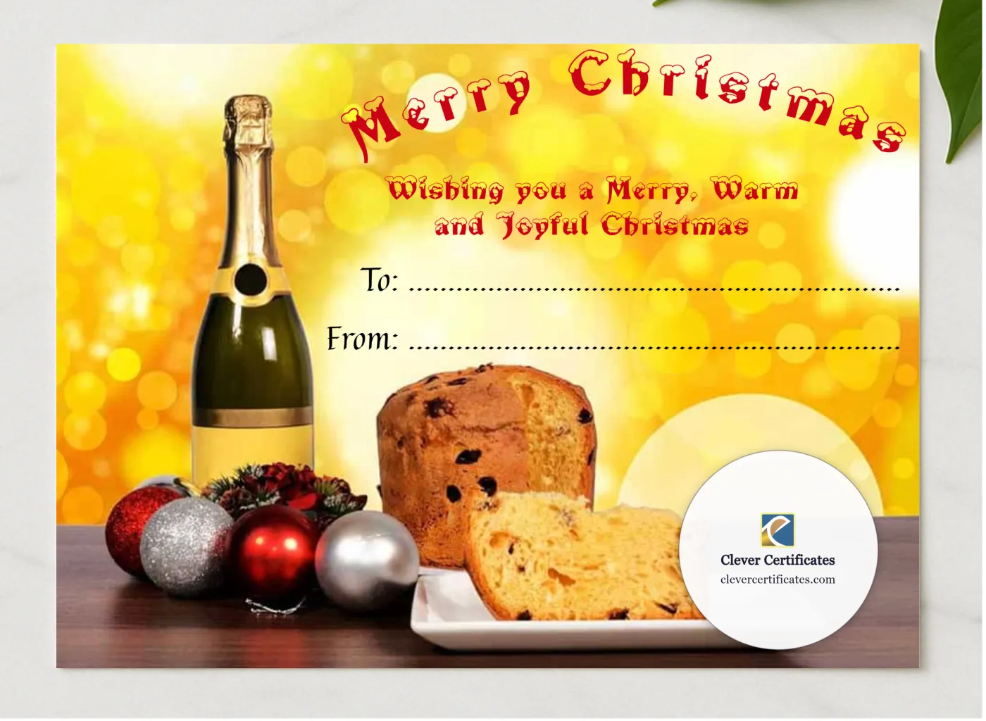 Christmas Warmth Certificate presented in a sleek wooden frame, elegantly arranged on a stylish table.