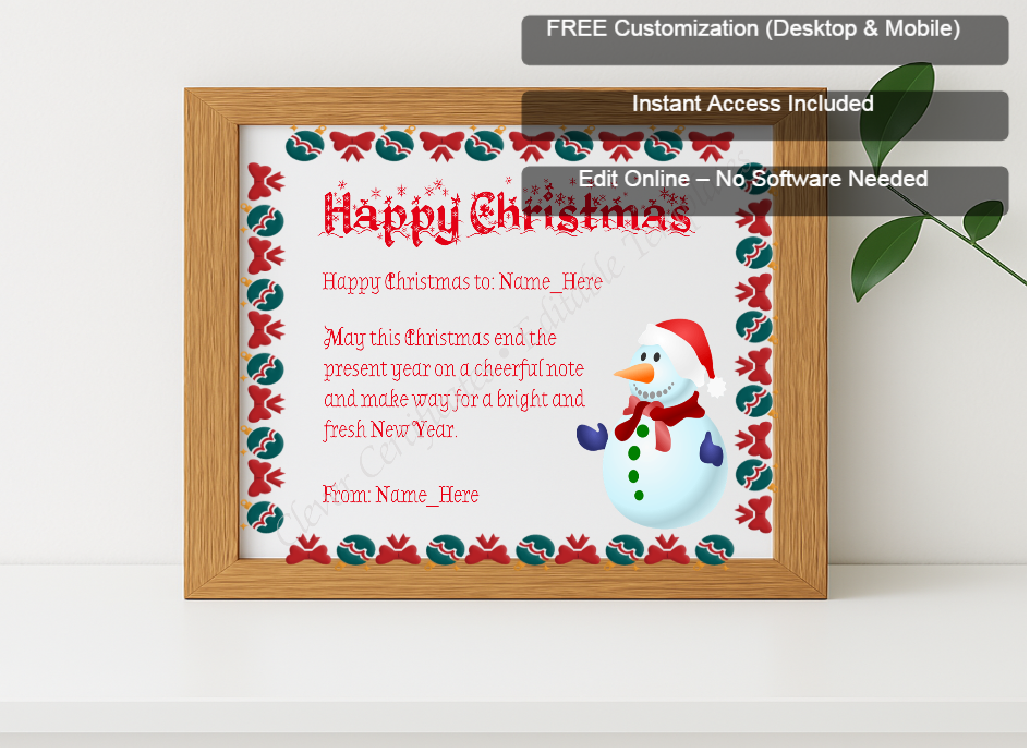 Premium mockup with Free Editor badge stack for Happy Christmas Certificate