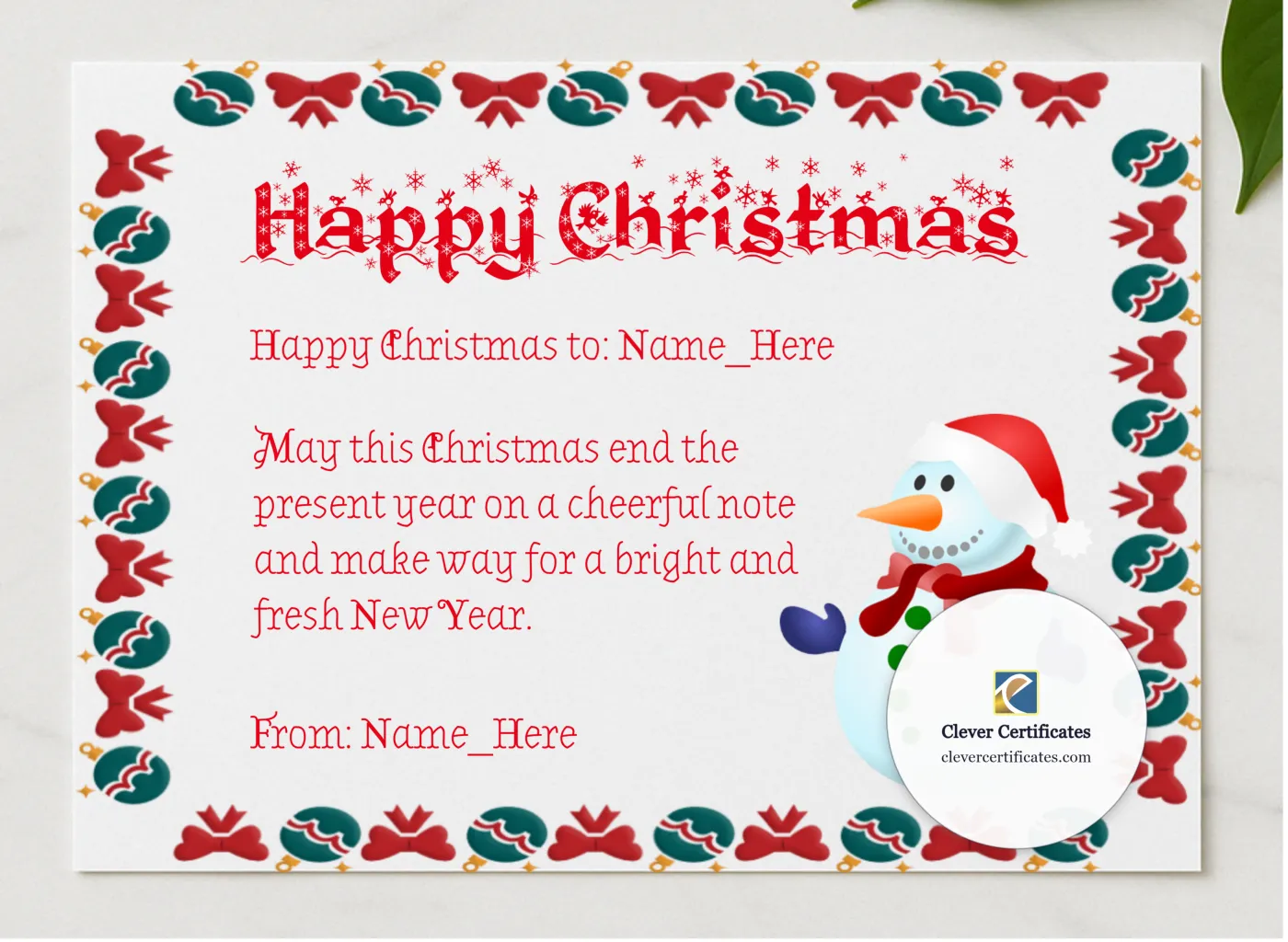 Happy Christmas Certificate presented in a sleek wooden frame, elegantly arranged on a stylish table.