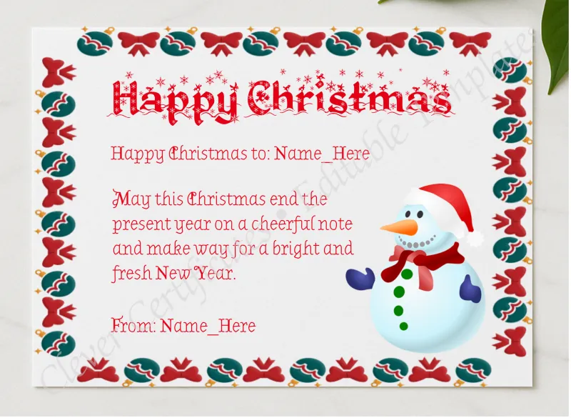 Happy Christmas Certificate presented in a sleek wooden frame, elegantly arranged on a stylish table.