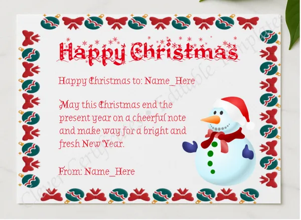 Happy Christmas Certificate presented in a sleek wooden frame, elegantly arranged on a stylish table.
