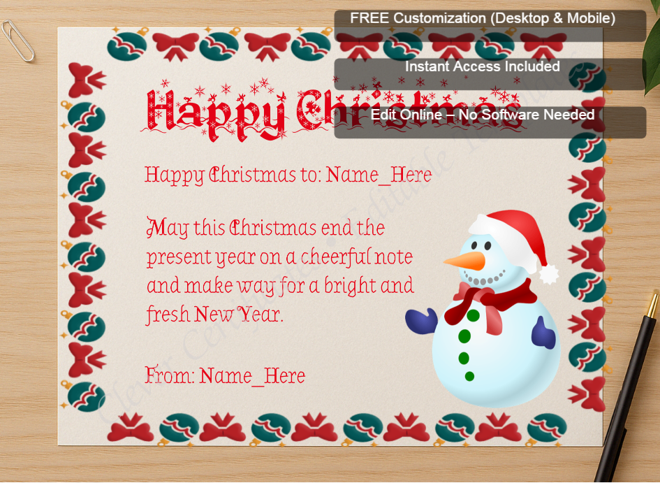 Zoomed preview with Free Editor badge stack for Happy Christmas Certificate