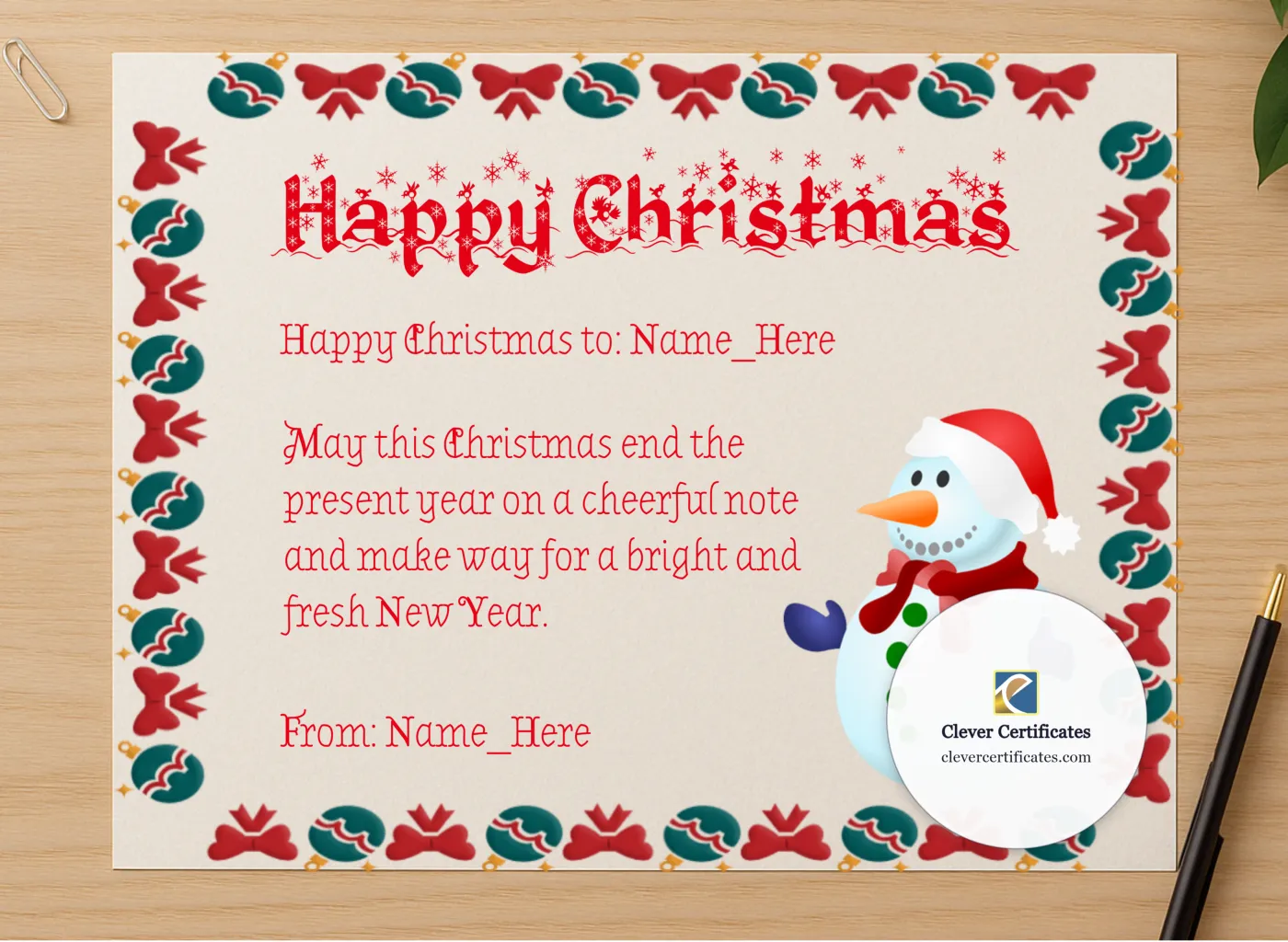 Professional preview of Happy Christmas Certificate certificate on high-quality stationery paper, ideal for showcasing the final look.