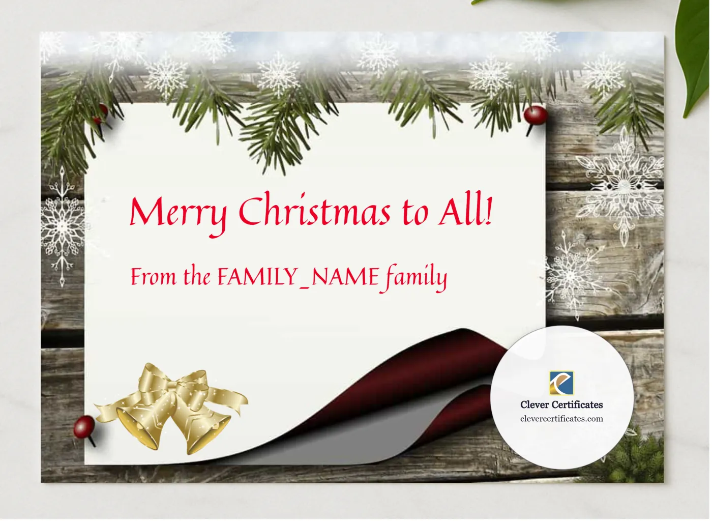 Merry Christmas Certificate presented in a sleek wooden frame, elegantly arranged on a stylish table.