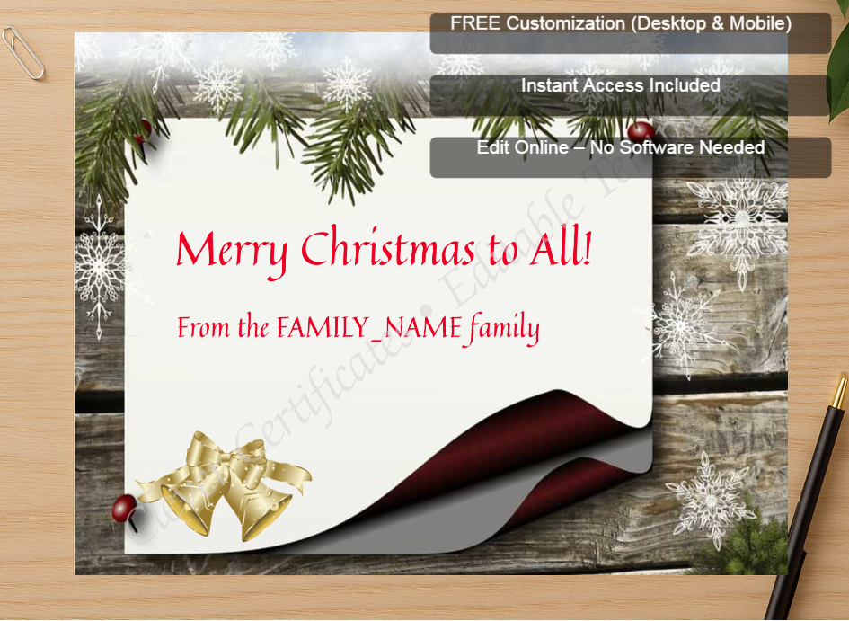 Zoomed preview with Free Editor badge stack for Merry Christmas Certificate