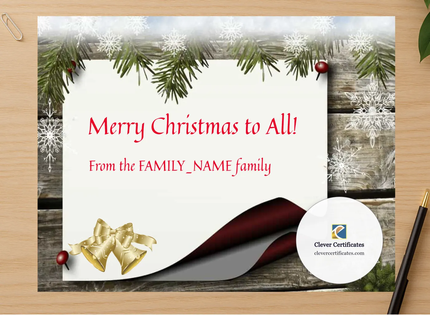 Professional preview of Merry Christmas Certificate certificate on high-quality stationery paper, ideal for showcasing the final look.