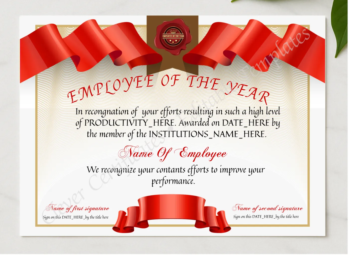 Editable Employee Of The Year presented in a sleek wooden frame, elegantly arranged on a stylish table.