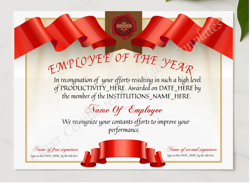Editable Employee Of The Year presented in a sleek wooden frame, elegantly arranged on a stylish table.