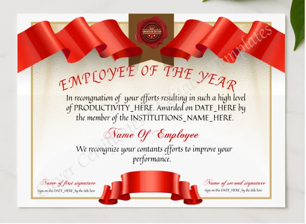 Editable Employee Of The Year presented in a sleek wooden frame, elegantly arranged on a stylish table.
