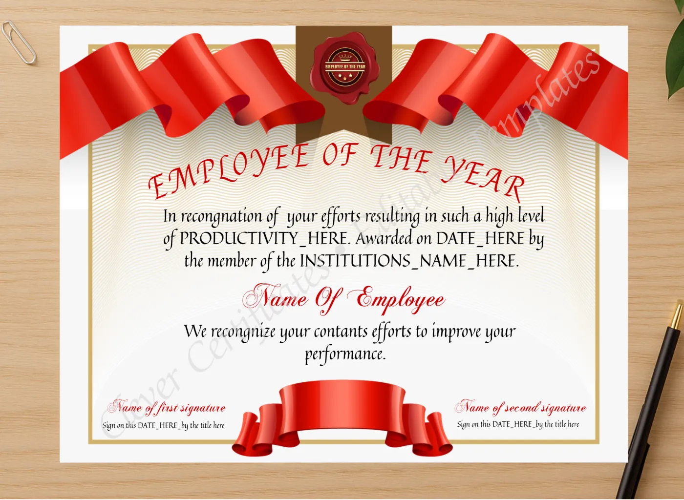 Professional preview of Editable Employee Of The Year certificate on high-quality stationery paper, ideal for showcasing the final look.