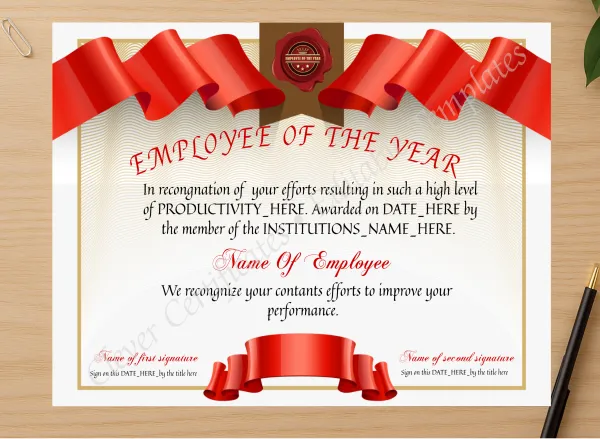 Professional preview of Editable Employee Of The Year certificate on high-quality stationery paper, ideal for showcasing the final look.