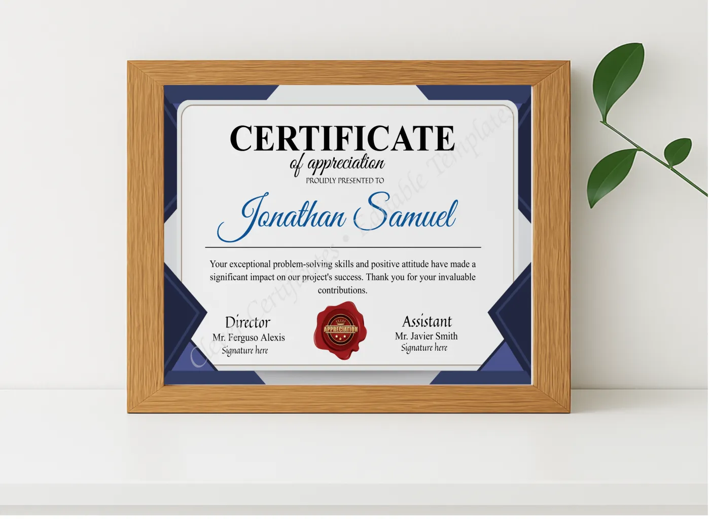 Realistic mockup featuring Editable Appreciation Certificate displayed within a modern frame, set against a minimalistic background.