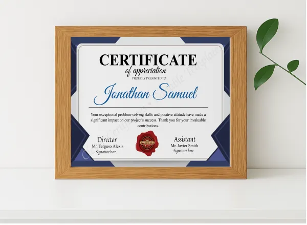Realistic mockup featuring Editable Appreciation Certificate displayed within a modern frame, set against a minimalistic background.