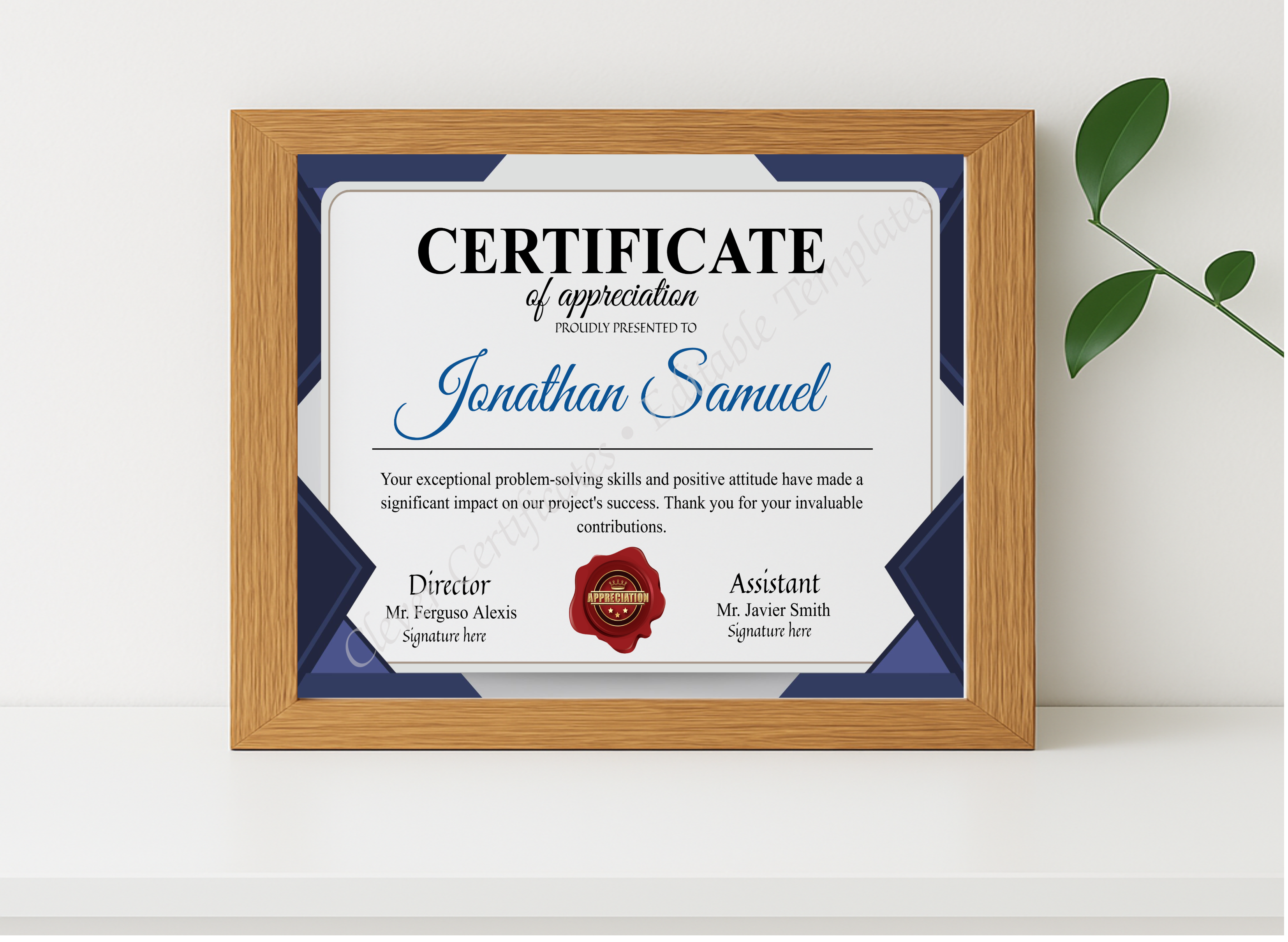 Realistic mockup featuring Editable Appreciation Certificate displayed within a modern frame, set against a minimalistic background.